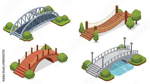 Set of four isometric bridge designs includes a metal arch, a wooden suspension bridge, a brick arch, and a modern stone bridge over water.
