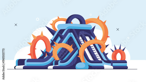 Abstract artistic sculpture features large orange rings with spikes intertwined with a blue mountain-like structure against a soft sky.