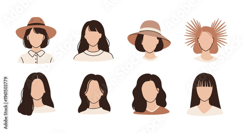 Vector set of faceless women avatars with different hairstyles and hats, minimalistic female icons for profile use