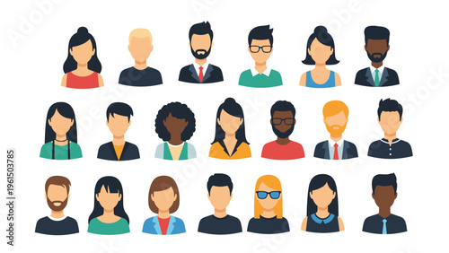 Diverse collection of eighteen minimalist people avatars features individuals with various hairstyles, skin tones, and clothing styles.