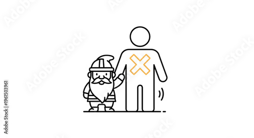 Enchanting gnome character assists or observes a human figure with an error or health issue