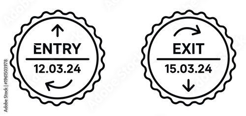 Entry and exit stamps with dates. Record keeping stamps for access control and time tracking.