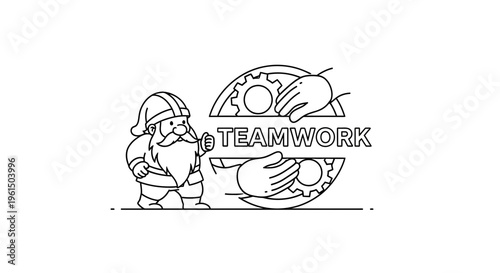 Whimsical bearded figure promotes collaborative effort with integrated mechanical gears and