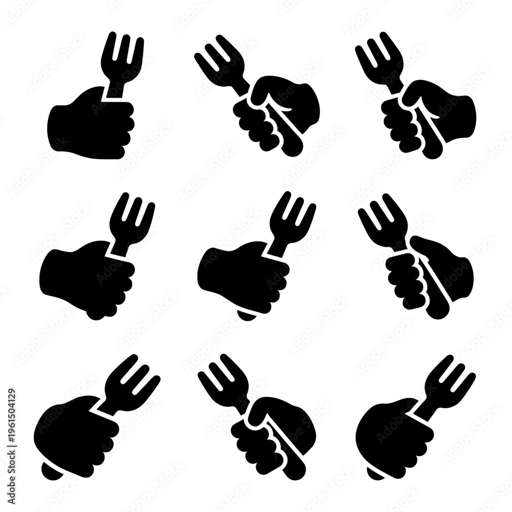 Obraz premium Collection of Black and White Hand Holding Fork Icons for Food and Dining Themes.