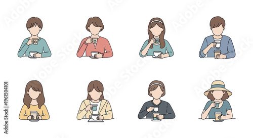 Set of eight faceless people drinking coffee and tea with various cups and mugs, casual and cozy beverage moments illustration for lifestyle design
