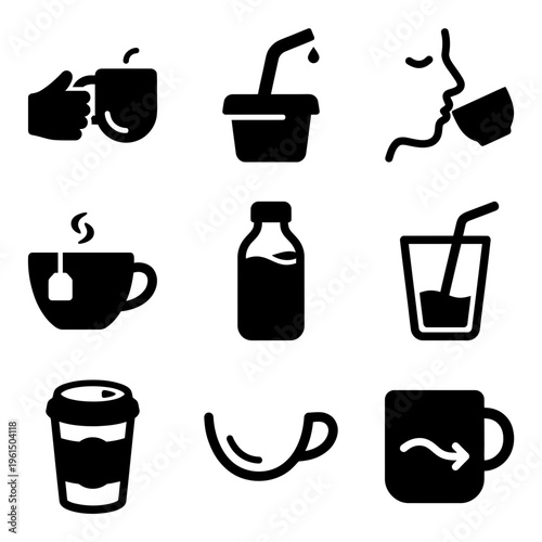 Collection of Black and White Coffee and Beverage Icons for Design.