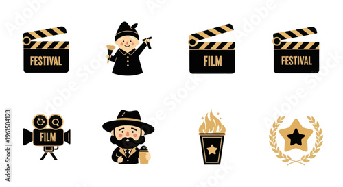 Set of film and festival icons including clapperboards, camera, director characters, award laurel, and flame for movie industry and cinema projects