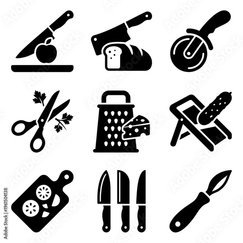 Collection of Kitchen and Cooking Tools Icons in Black.
