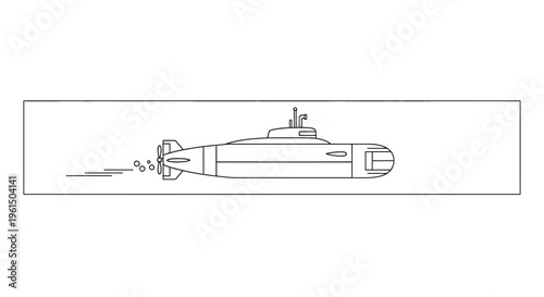 Detailed line art illustration of a powerful submarine navigating the ocean's depths with its