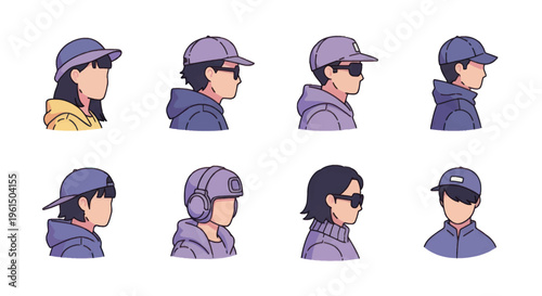 Stylish young people wearing hats and sunglasses in casual outfits, cool modern avatars for profile icons and character design