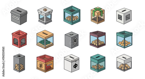 Set of various donation boxes and piggy banks with coins and money symbols in colorful isometric style, ideal for charity and fundraising concepts