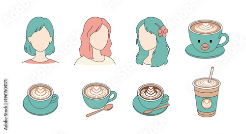 Vector set of female avatar illustrations with stylish hair and various coffee cups including latte art and cold coffee, perfect for social media or cafe branding
