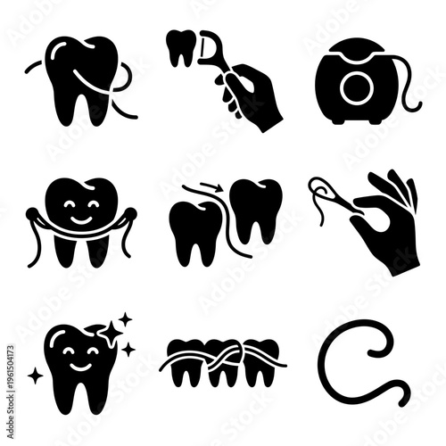Collection of Dental Care and Oral Hygiene Icons in Black and White.