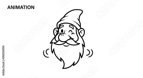 Charming animated gnome character winking with a friendly smile and long beard illustration
