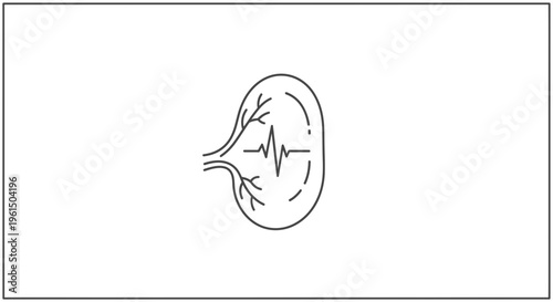 Line art depiction of a healthy kidney organ with vital pulse rate symbol for medical concepts