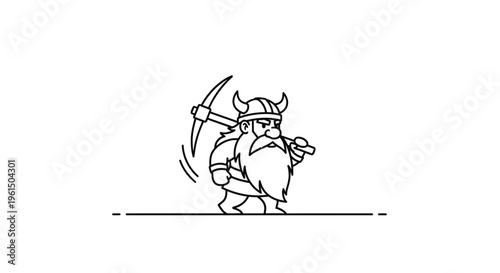 Minimalist line art of a strong mining dwarf character with pickaxe and a pipe