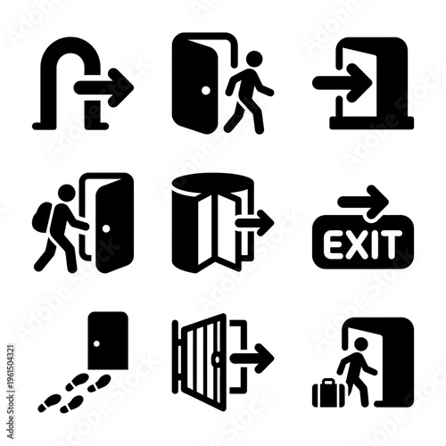 Collection of Emergency Exit and Safety Sign Icons for Public Spaces.