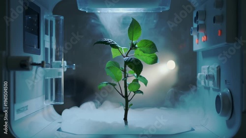 A small green plant grows in a laboratory setting with a futuristic atmosphere, surrounded by machinery and fog.