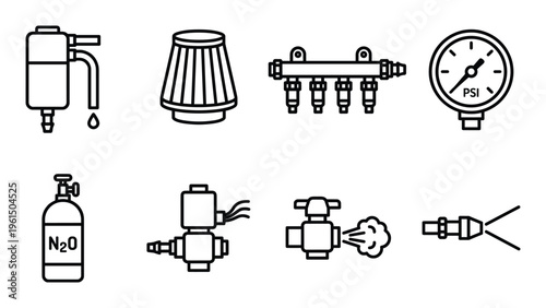 Performance car parts, fuel system, air intake, nitrous oxide system outline icons