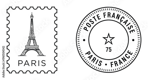Paris France postage stamp and circular postmark featuring eiffel tower illustration and star icon
