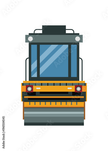 Road construction vehicle with closed cab. Front view. Simple flat illustration.