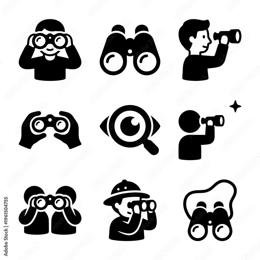 Fototapeta premium Collection of Cartoon Style People Using Binoculars and Telescopes for Observation.