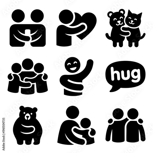 Collection of Heartwarming Hug and Friendship Icons in Black and White.