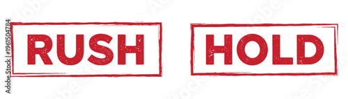 Red rush and hold rubber stamp icons set on transparent background in grunge weathered vintage style