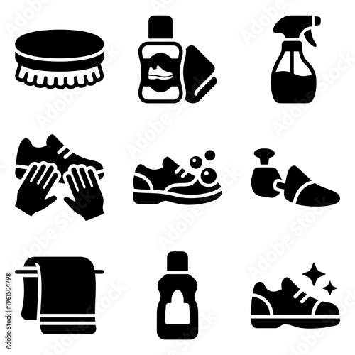 Collection of Shoe Cleaning and Maintenance Tools in Black and White.