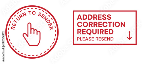Return to sender and address correction required red stamps with icons on transparent background mail issues