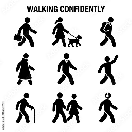 Silhouettes of People Walking Confidently with Various Accessories and Postures.