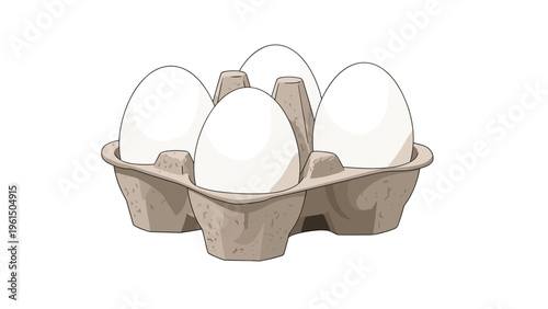 Four fresh white chicken eggs sitting neatly in a biodegradable brown cardboard carton on a plain white background.