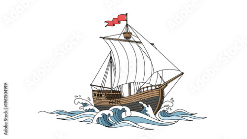 Historic wooden sailing ship with white sails navigating through choppy blue ocean waves under a bright clear sky.