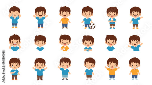 Grid of cute cartoon boys expressing a wide range of human emotions and activities like laughing, crying, and playing.
