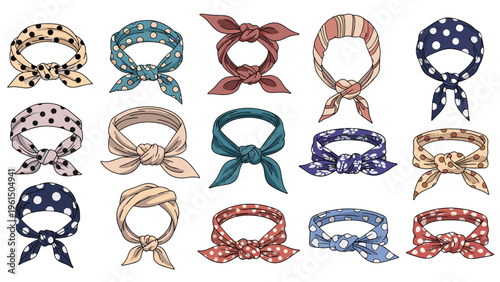 Selection of diverse patterned hair bandanas and neck scarves tied in various knots for fashion and accessory styling.
