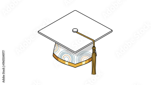 Isometric illustration of a white graduation cap with a patterned crown and a long golden tassel for academic success.