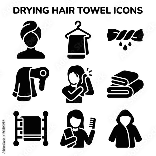 Collection of Drying Hair Towel Icons for Personal Care and Grooming.