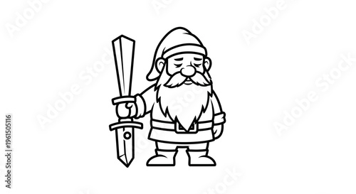 Charming cartoon dwarf character holding a stylized sword in black and white line art
