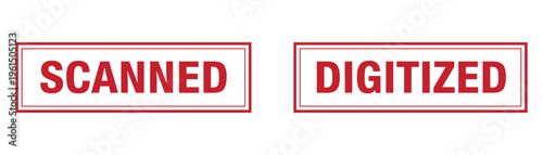 Scanned and digitized red rectangular rubber stamp icons with double border on transparent background