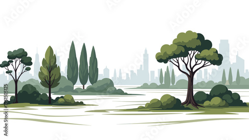 Peaceful city park landscape with green trees and bushes in the foreground and a hazy urban skyline in the distance.