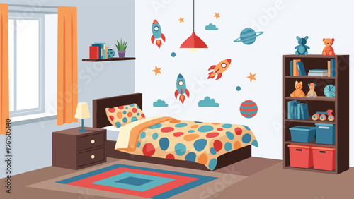 Modern children's bedroom interior featuring space themed wall decals, a cozy bed, and a bookshelf filled with toys and books.