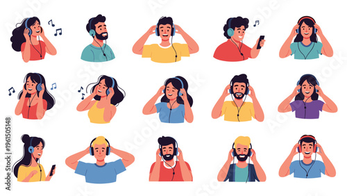 Diverse group of young men and women wearing headphones and happily listening to music or podcasts from their smartphones.