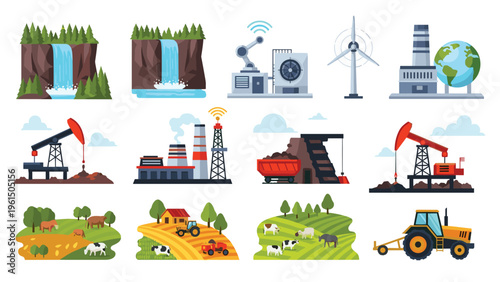 Comprehensive collection of icons representing various industries including farming, energy production, oil extraction, and manufacturing.