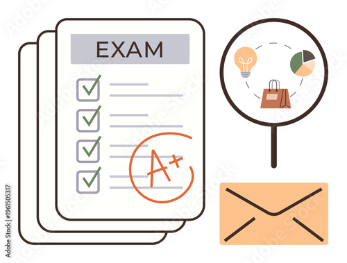 Education, business strategies, communication, performance evaluation, success, planning. A paper marked with an A grade, magnifying glass and envelope. Education and business strategies theme