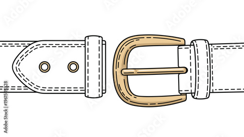 Detail of a white leather belt with two eyelets and a polished gold-colored metal buckle for fashion accessory design.