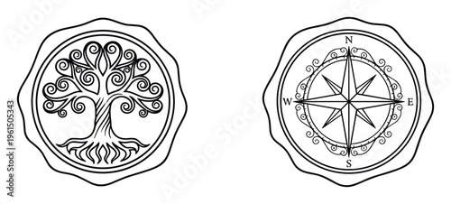 Tree of life and compass rose icons, black outline seal designs on transparent background