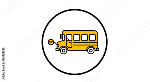 Bright yellow school bus icon with extended stop sign in a clean circular frame for safe transport
