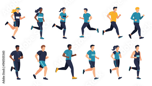 Large group of diverse runners in colorful athletic wear jogging together on a white background representing healthy lifestyle.