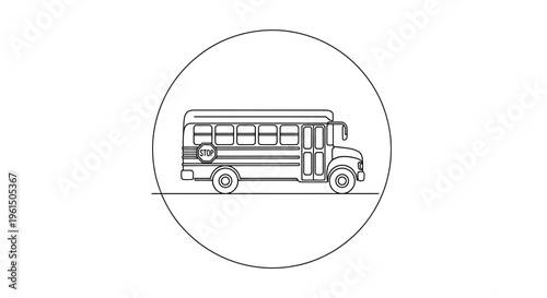 Monochrome outline of a traditional school bus with a stop sign, enclosed within a sleek circular
