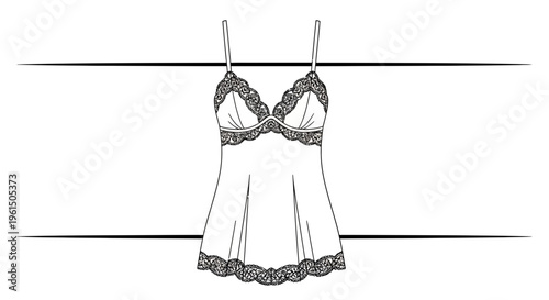 Technical fashion illustration of a delicate lace-trimmed babydoll chemise design for apparel